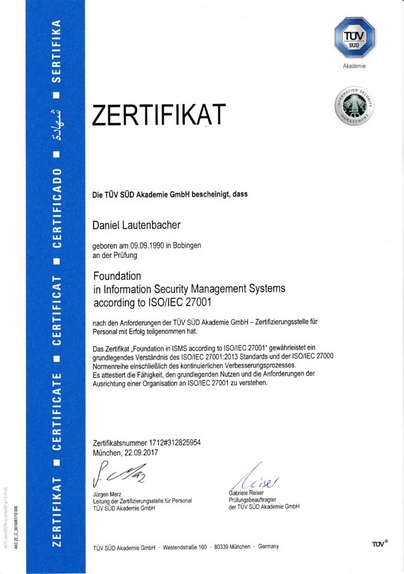 Zertifikat ISO 27001 / Wirtschaftsinformatik / Marketing